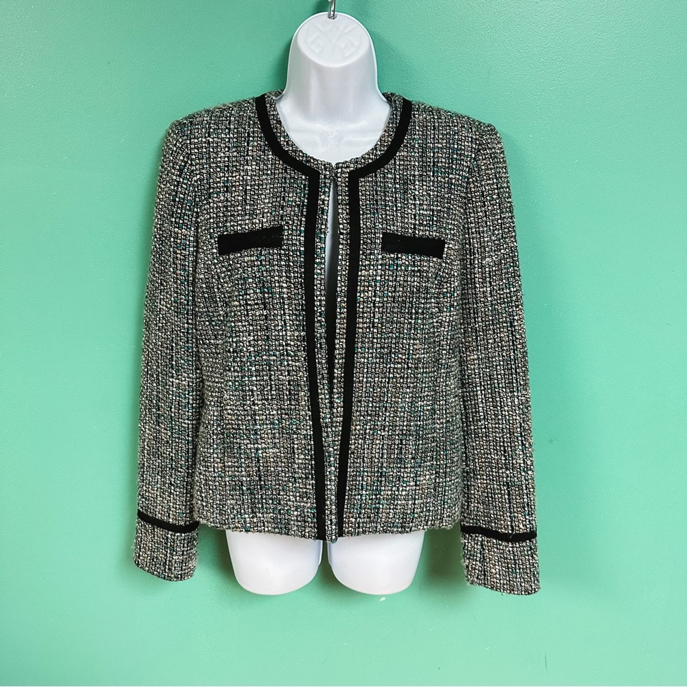 Daisy Fuentes Black Tan & Teal Boucle Tweed Blazer Womens Size M - Picture 2 of 9